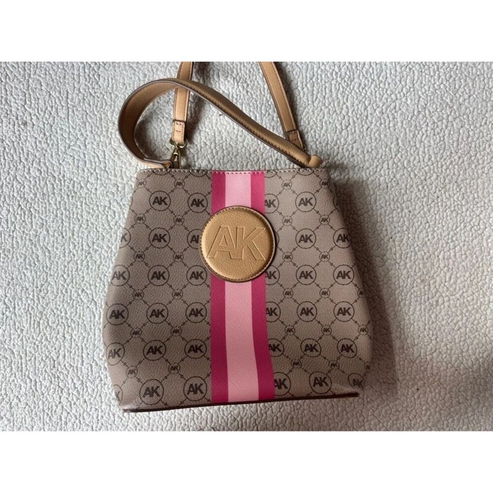 Anne Klein Monogrammed Tan & Pink Crossbody Bag